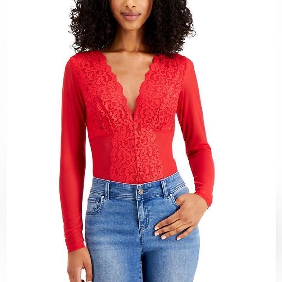 INC International Concepts Women’s Not So Basic Long Sleeves Lace Mesh Bodysuit - Picture 2 of 5